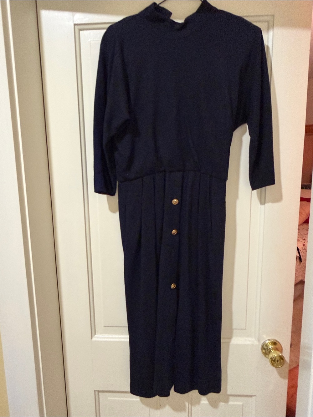 Positive Attitude Navy Midi Dress with Gold Button Trim